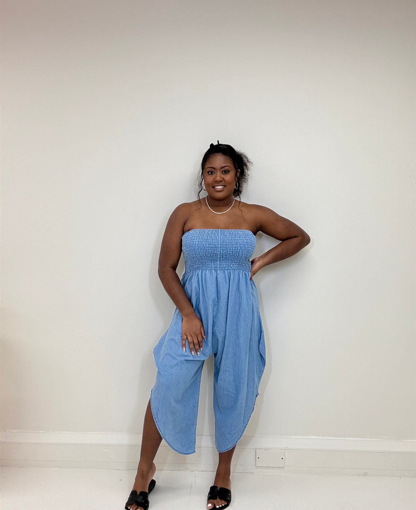 Denim look bandeau jumpsuit